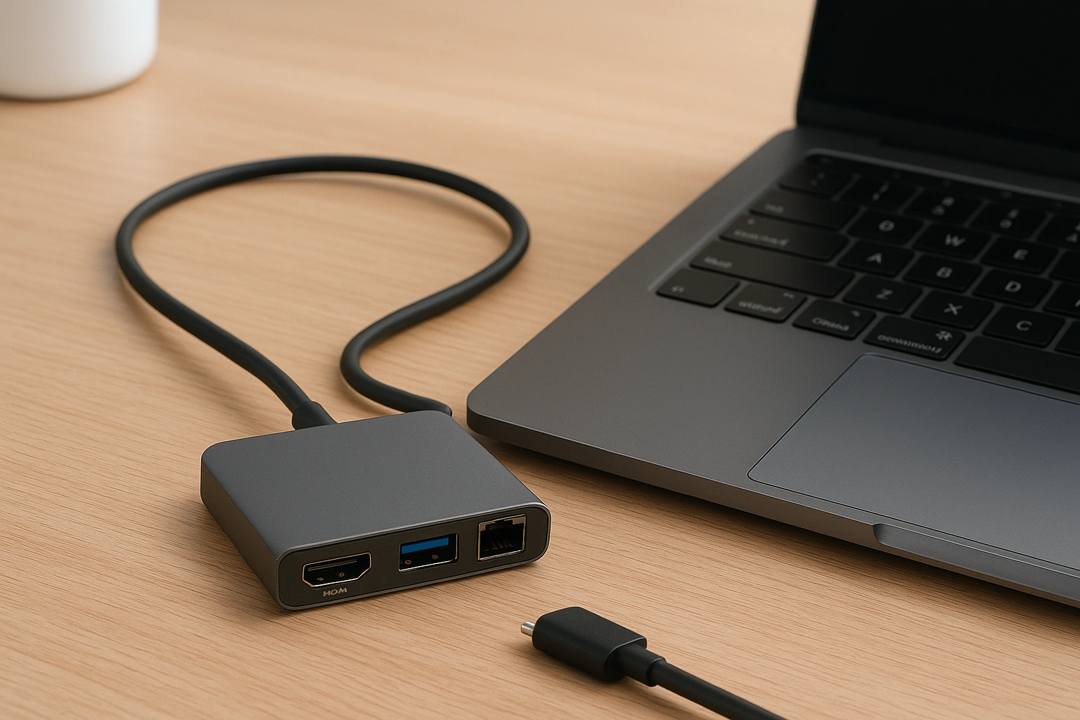 A compact USB-C hub connected to a laptop on a desk, displaying multiple ports including HDMI, USB-A, and Ethernet, centralizing connectivity for a clean and efficient workspace.