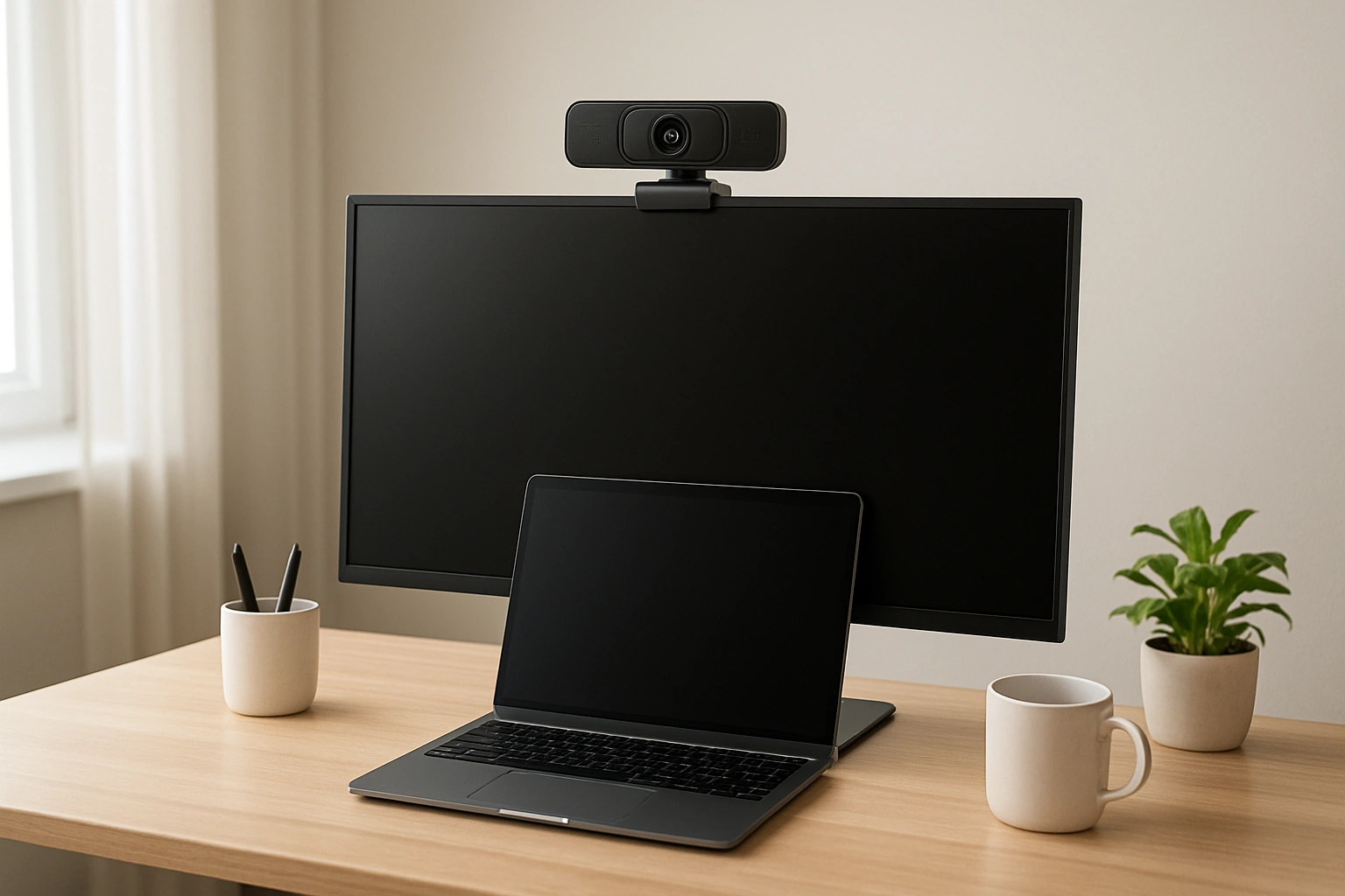 A high-quality external webcam mounted on top of a monitor above a laptop, representing the best webcam setup for remote work.