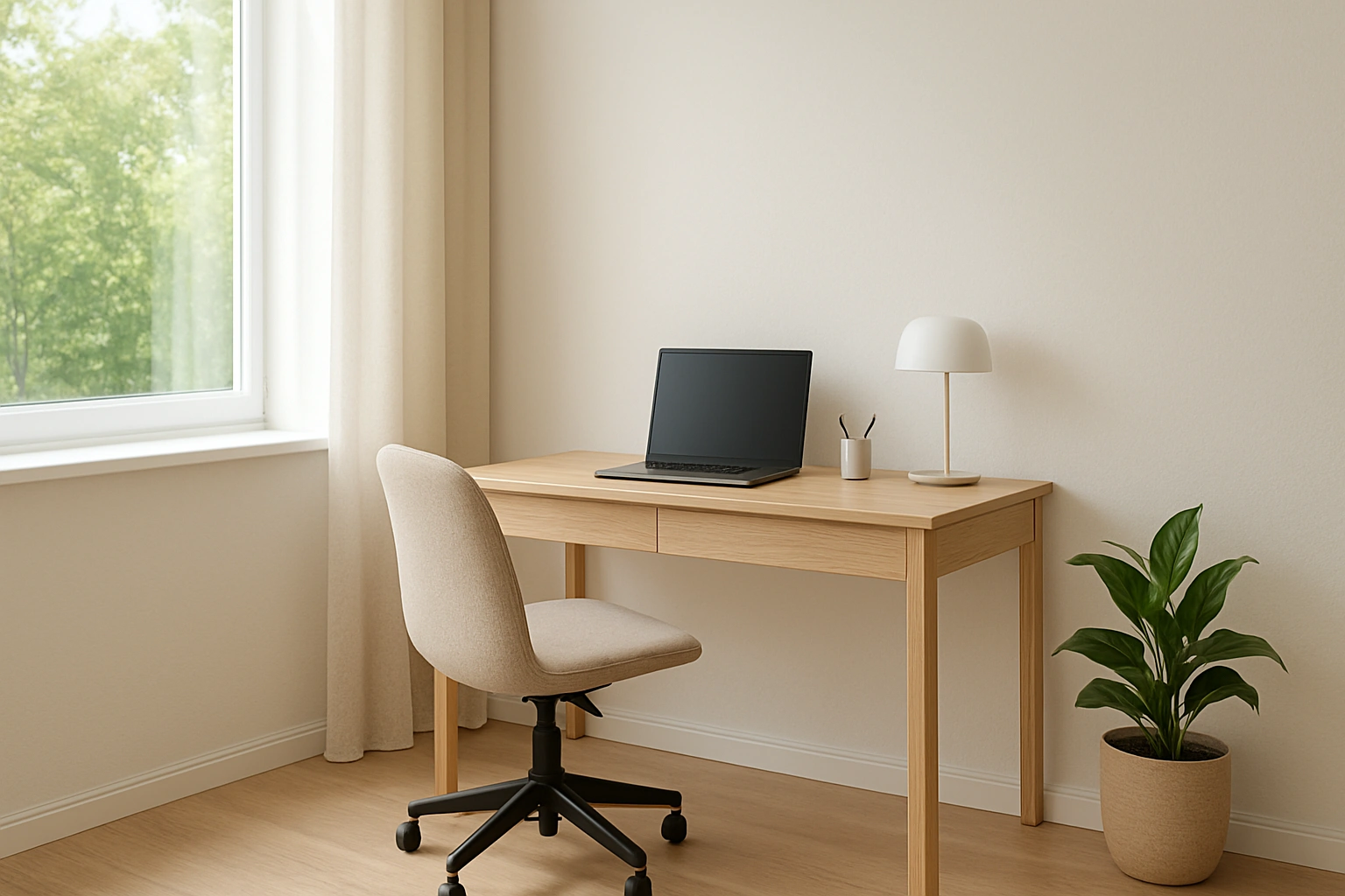A modern home office featuring a large window, a light-colored desk, and a comfortable chair, highlighting a bright, airy layout designed to maximize natural light.