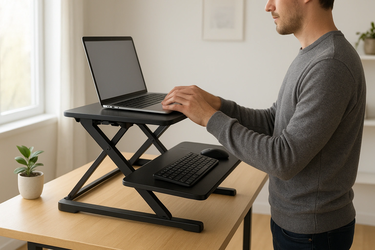 A person working comfortably at a budget standing desk converter placed on a regular desk, demonstrating an affordable sit-stand workstation setup in a home office.
