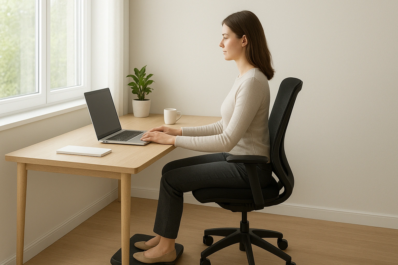 A realistic diagram showing the correct ergonomic posture at a desk with foot support, featuring feet flat on the floor, knees bent at 90 degrees, straight back, and proper spinal alignment.