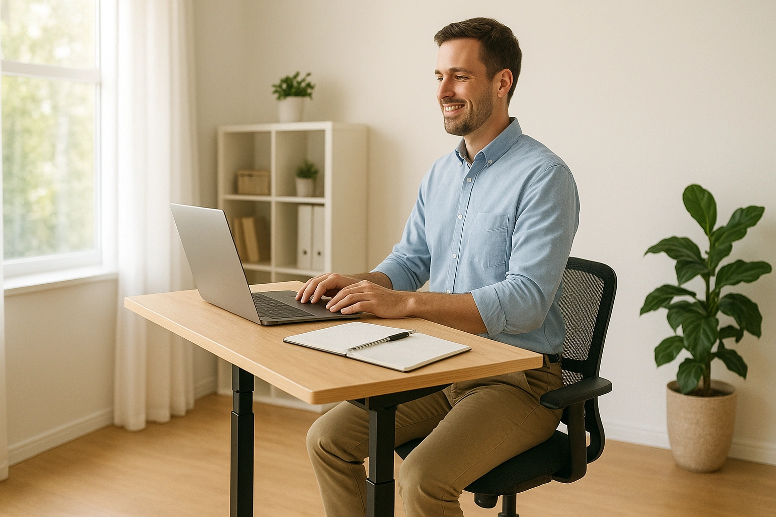 A remote project manager looking energized while alternating between sitting and standing at her home office sit-stand desk, demonstrating improved health and productivity.