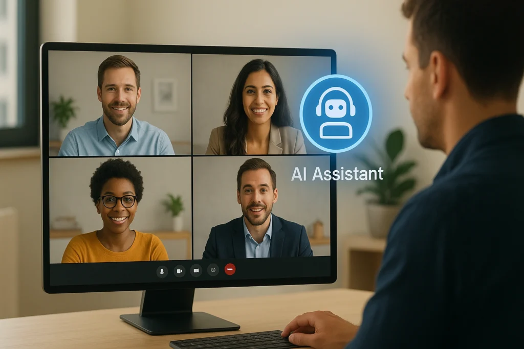 A remote team in a virtual Zoom meeting with a visible AI assistant icon on the screen, representing automatic transcription, real-time note-taking, and actionable meeting summaries.