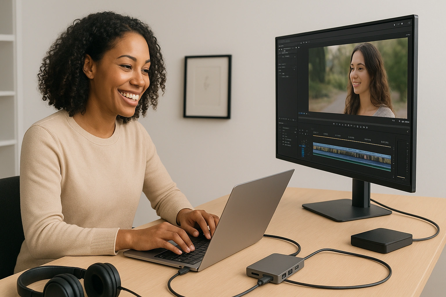 A remote video editor smiling and working productively at a clean desk setup, with a USB-C hub neatly managing cables and connecting her laptop, monitor, and other workstation gadgets.