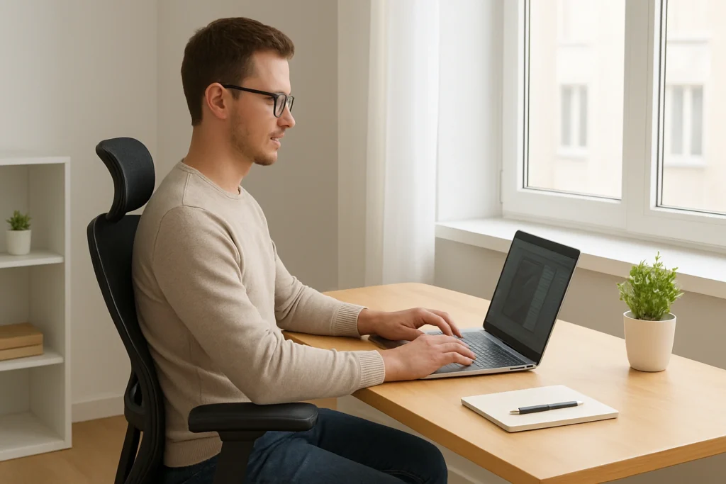 A remote worker sitting comfortably in a modern ergonomic chair with proper lumbar support in a bright home office, representing the benefits of an ergonomic chair setup for back pain relief.