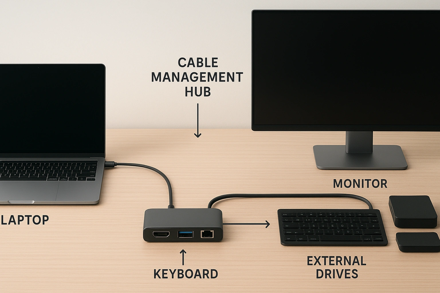 A workflow diagram showing how a cable management hub centralizes multiple device connections, reducing desk clutter and creating a clean, organized remote workstation setup