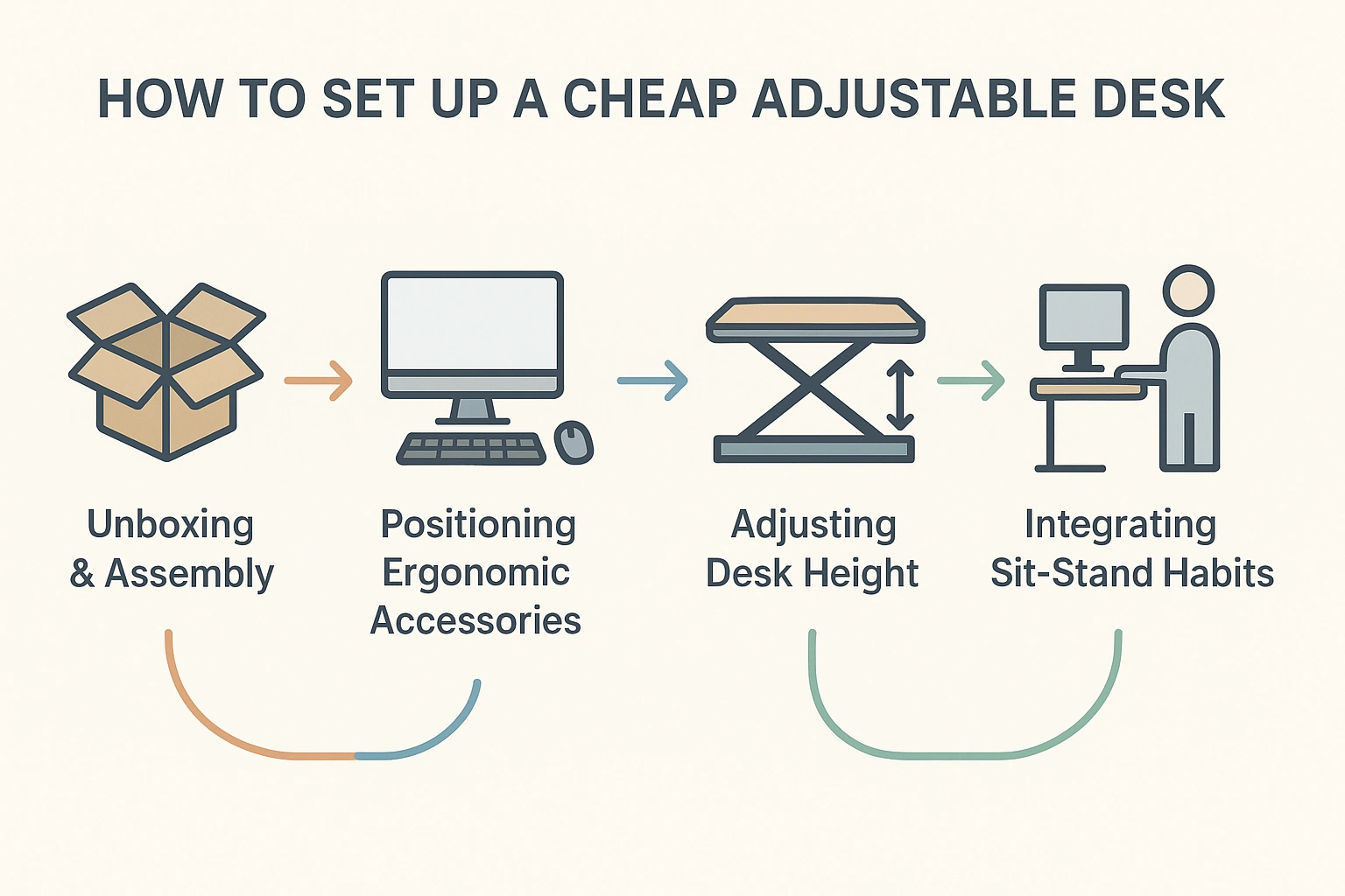 A workflow diagram showing the steps to set up a cheap adjustable desk, from assembly to ergonomic adjustments and integrating sit-stand habits for productive home office use