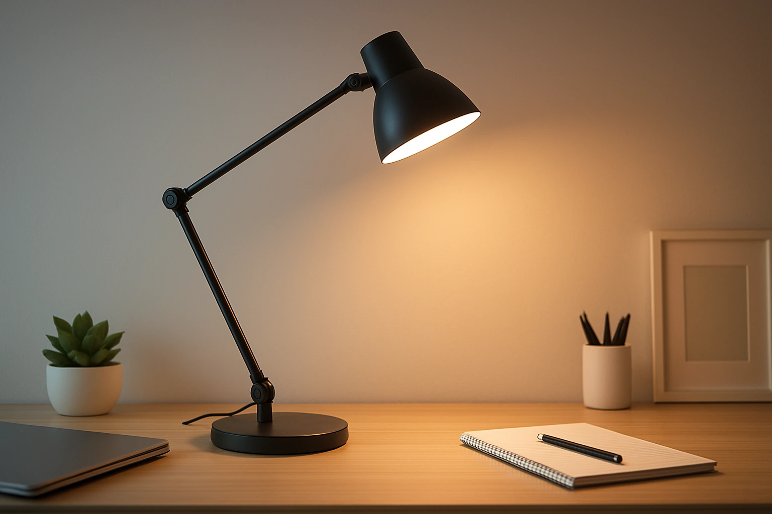 An adjustable desk lamp in a home office transitioning its light from cool white to warm amber, demonstrating smart lighting features for flexible work environments.