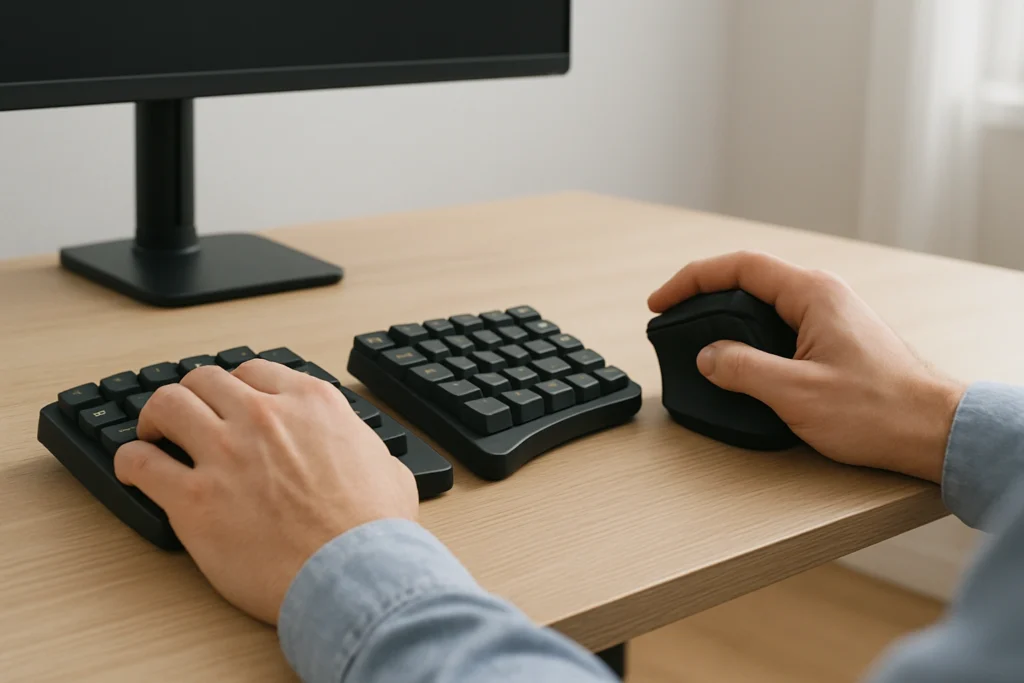 Close-up of a person’s hands resting in a neutral, relaxed position on an ergonomic split keyboard and vertical mouse, demonstrating correct posture for comfort and reduced strainClose-up of a person’s hands resting in a neutral, relaxed position on an ergonomic split keyboard and vertical mouse, demonstrating correct posture for comfort and reduced strain
