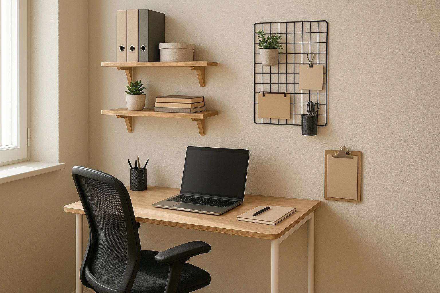 Diagram of a small workspace optimized with vertical shelving, wall-mounted organizers, and compact desk, showing efficient use of limited space for productivity.