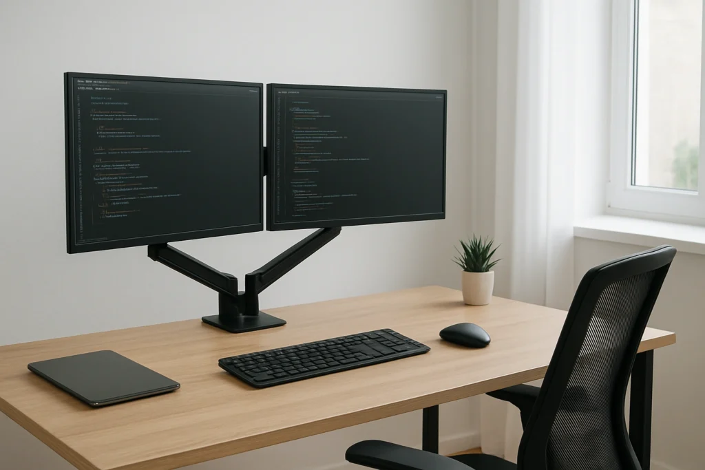 Ergonomic home office with dual monitors mounted on a sleek monitor arm, creating a clean, organized, and comfortable workspace that supports good posture and productivity.
