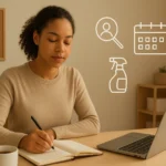 Illustration of a remote worker calmly planning their upcoming week as part of a weekend reset routine, with a tidy desk, notebook, laptop, and a relaxed atmosphere.
