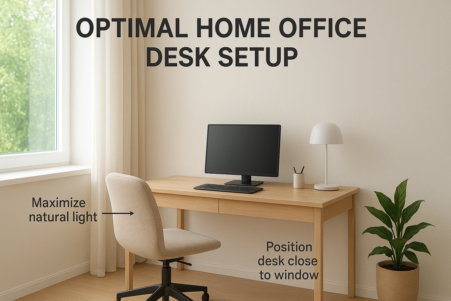 Infographic showing optimal desk placement near a window in a home office, highlighting techniques to maximize natural light and minimize glare for a comfortable and productive workspace.