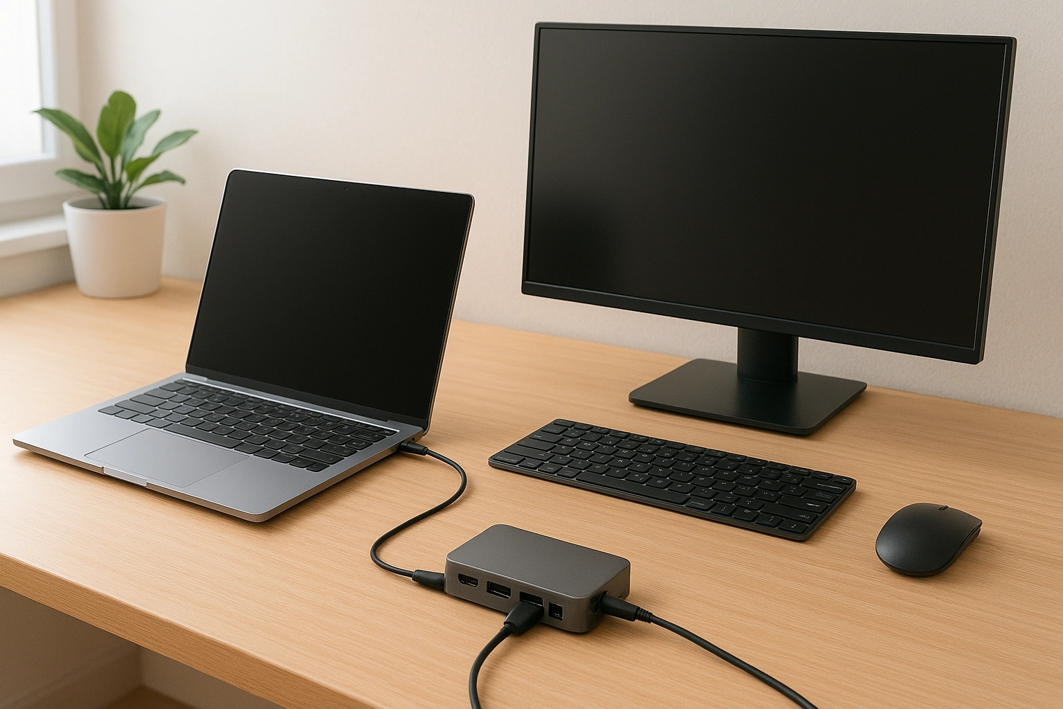 Minimalist home office desk with a laptop connected to a USB-C hub, neatly managing cables and creating a clean, organized, and productive workspace.
