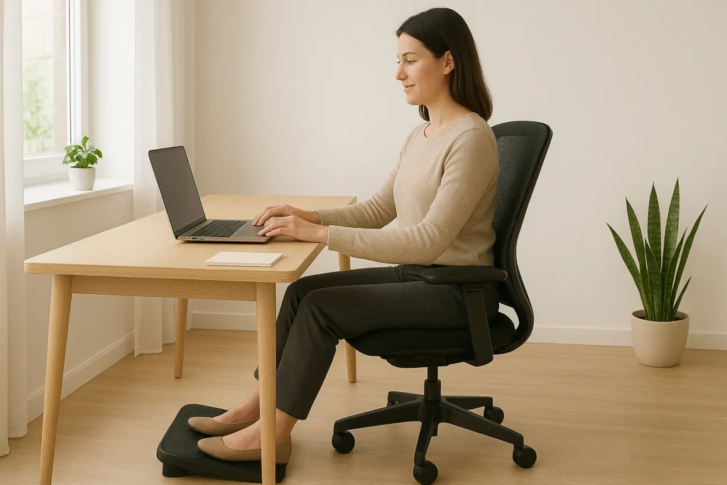 Remote content writer working at a home office desk with an ergonomic footrest, showcasing a comfortable sitting setup that improves posture and reduces back pain.
