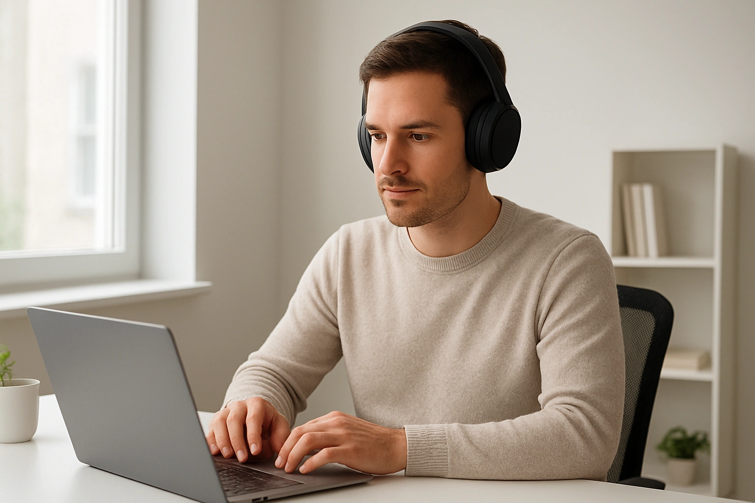 Remote worker in a modern home office wearing noise-canceling headphones, looking calm and focused while working on a laptop, symbolizing distraction-free productivity.
