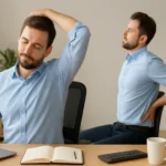 Thumbnail illustration of a remote worker doing quick 5-minute desk stretches, showing exercises for neck, shoulders, back, and wrists, promoting movement and relieving tension during work.