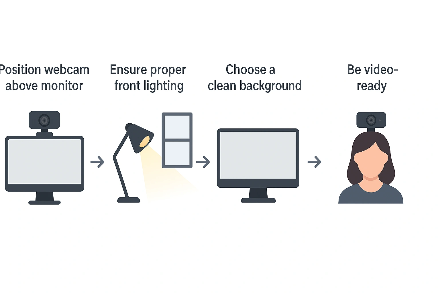 Workflow diagram illustrating step-by-step setup of a work-from-home webcam for professional video calls, including correct positioning, optimal lighting, and a clean background.