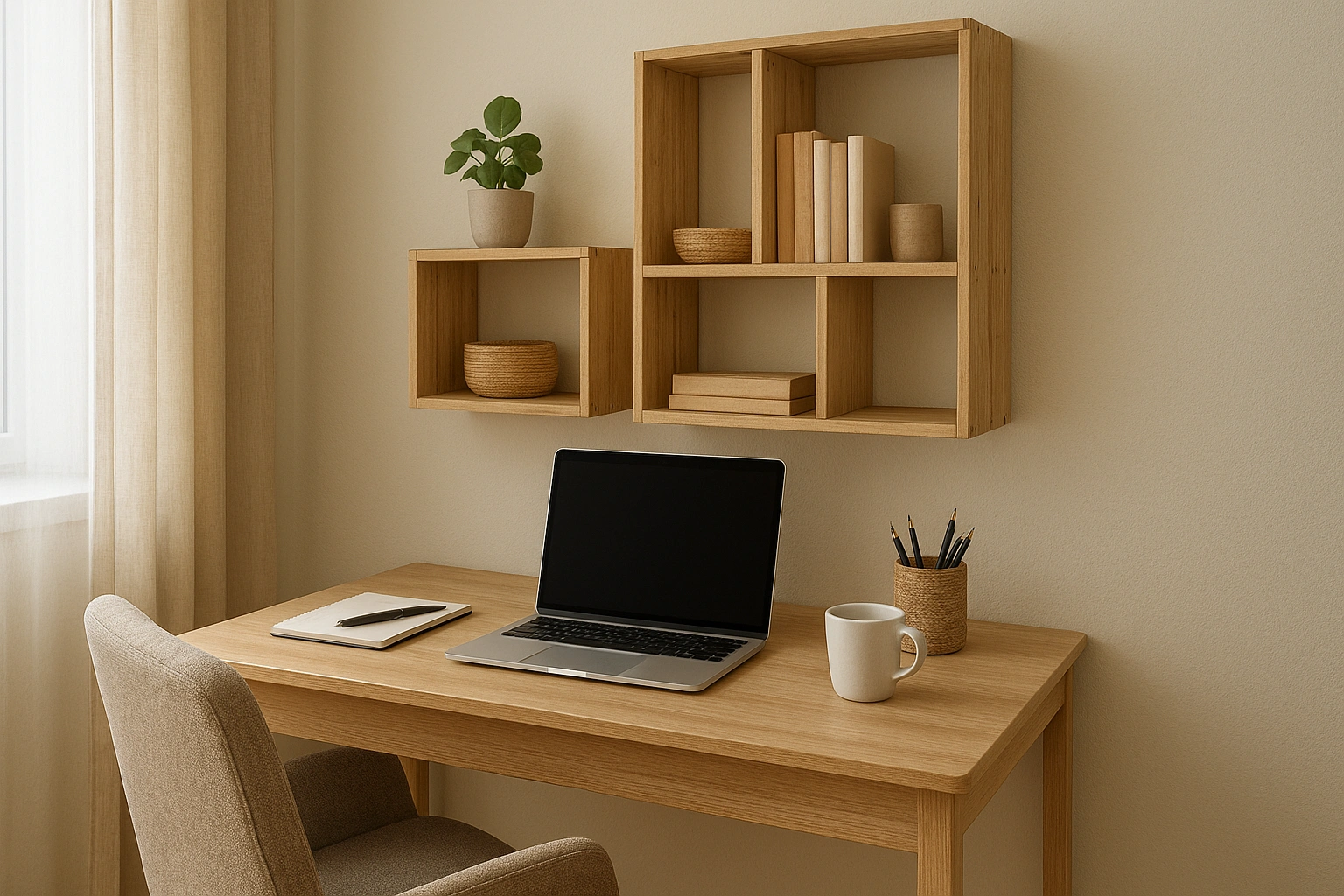 A small, organized home office desk featuring a laptop, a DIY shelf made from wooden crates, and a comfortable chair, all arranged efficiently in a cozy, budget-friendly space, photographed in realistic style 