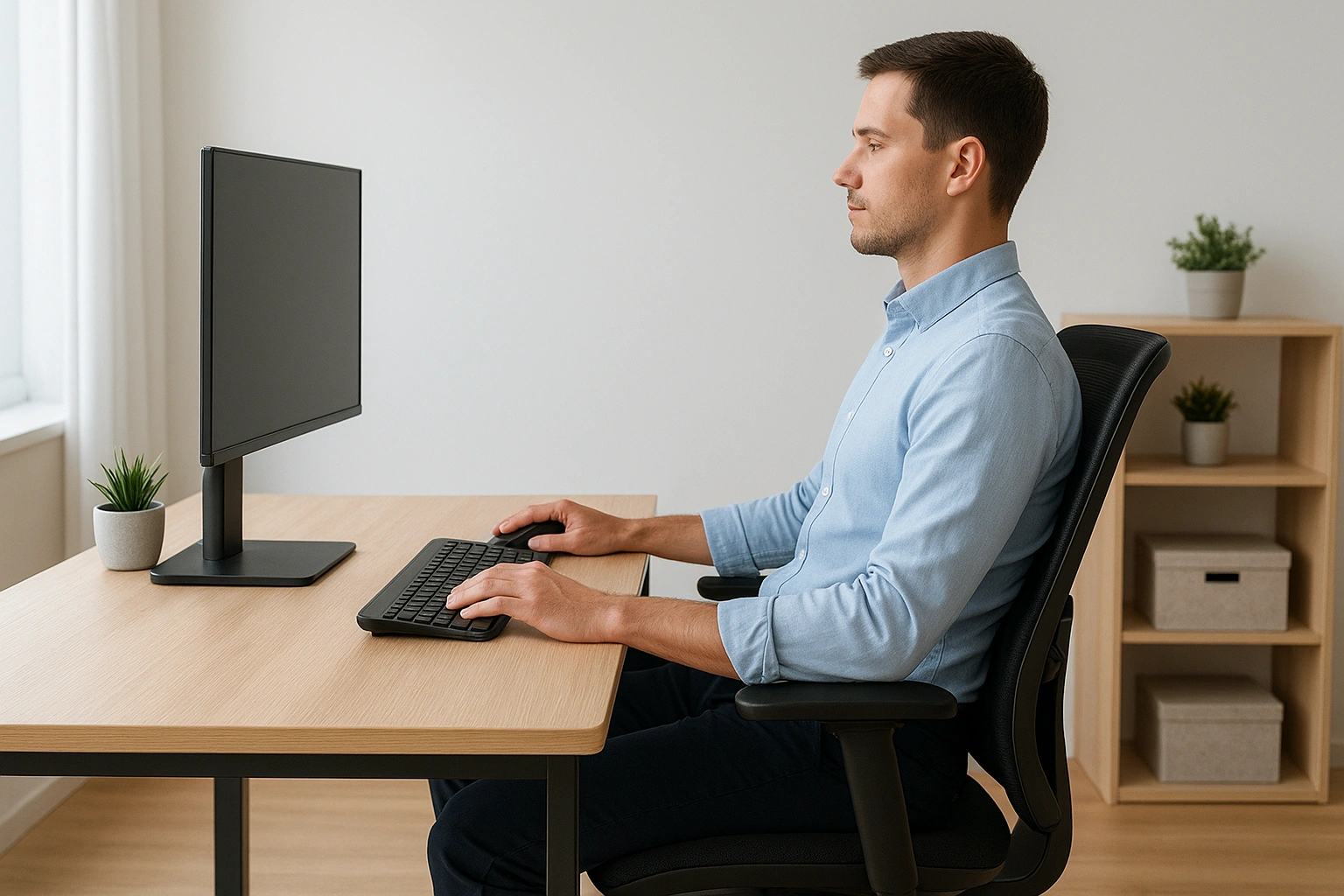 A person demonstrating correct posture in an ergonomic home office with an adjustable chair, proper lumbar support, desk, and monitor setup, illustrating back pain prevention and a posture-friendly workspace