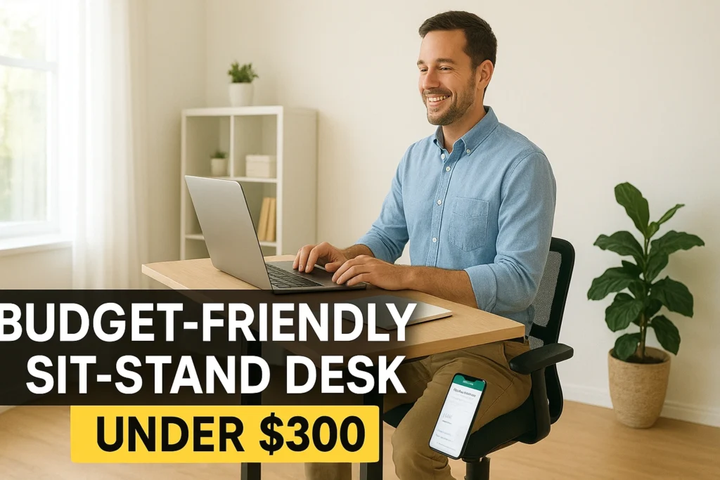 Thumbnail of a remote worker at a budget sit-stand desk under $300, using a daily habit tracker app to stay consistent with posture changes, symbolizing affordable health and productivity in a modern home offi