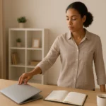A remote worker closing a laptop and stepping away from a home office desk, symbolizing clear work-life boundaries, balance between professional tasks and personal life, and a stress-free remote work environme