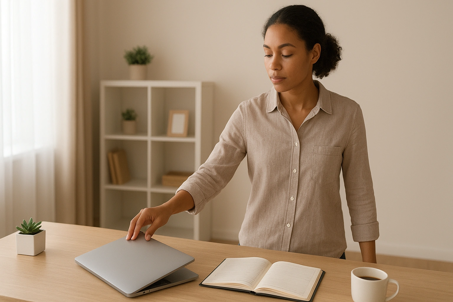 A remote worker closing a laptop and stepping away from a home office desk, symbolizing clear work-life boundaries, balance between professional tasks and personal life, and a stress-free remote work environme