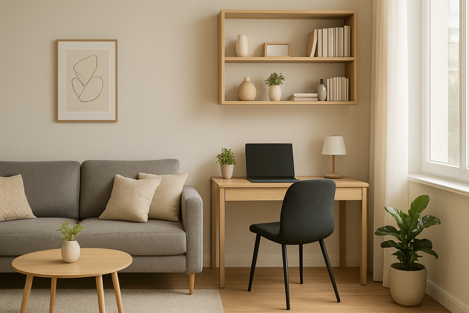 A modern living room featuring a chic, integrated home office setup with a small desk and shelving that seamlessly blend with the overall living space decor, captured in a realistic, well-lit photo style.