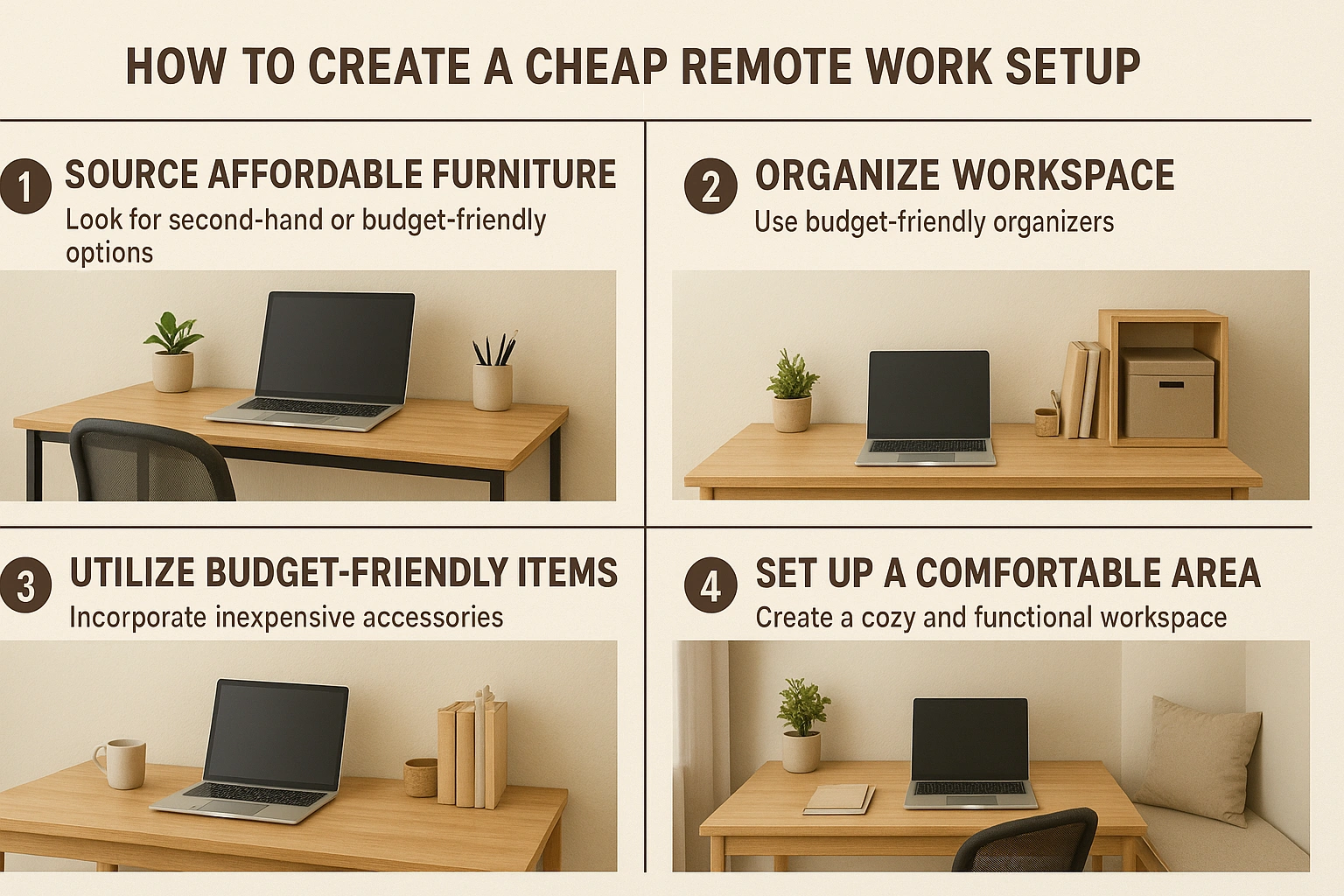 Infographic illustrating step-by-step instructions for creating a budget-friendly remote work setup, including sourcing affordable furniture, organizing workspace efficiently, and using cost-effective items, p
