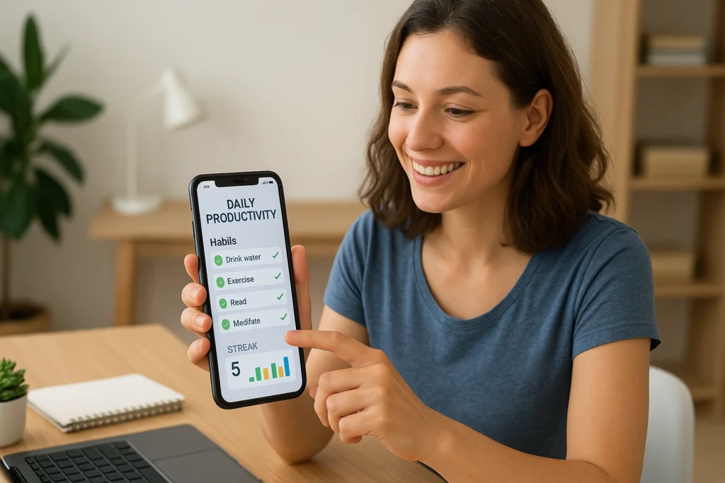 A remote graphic designer smiling at her desk while using a gamified habits tracker app on her smartphone, showing completed tasks, streaks, and progress charts that illustrate successful daily productivity an