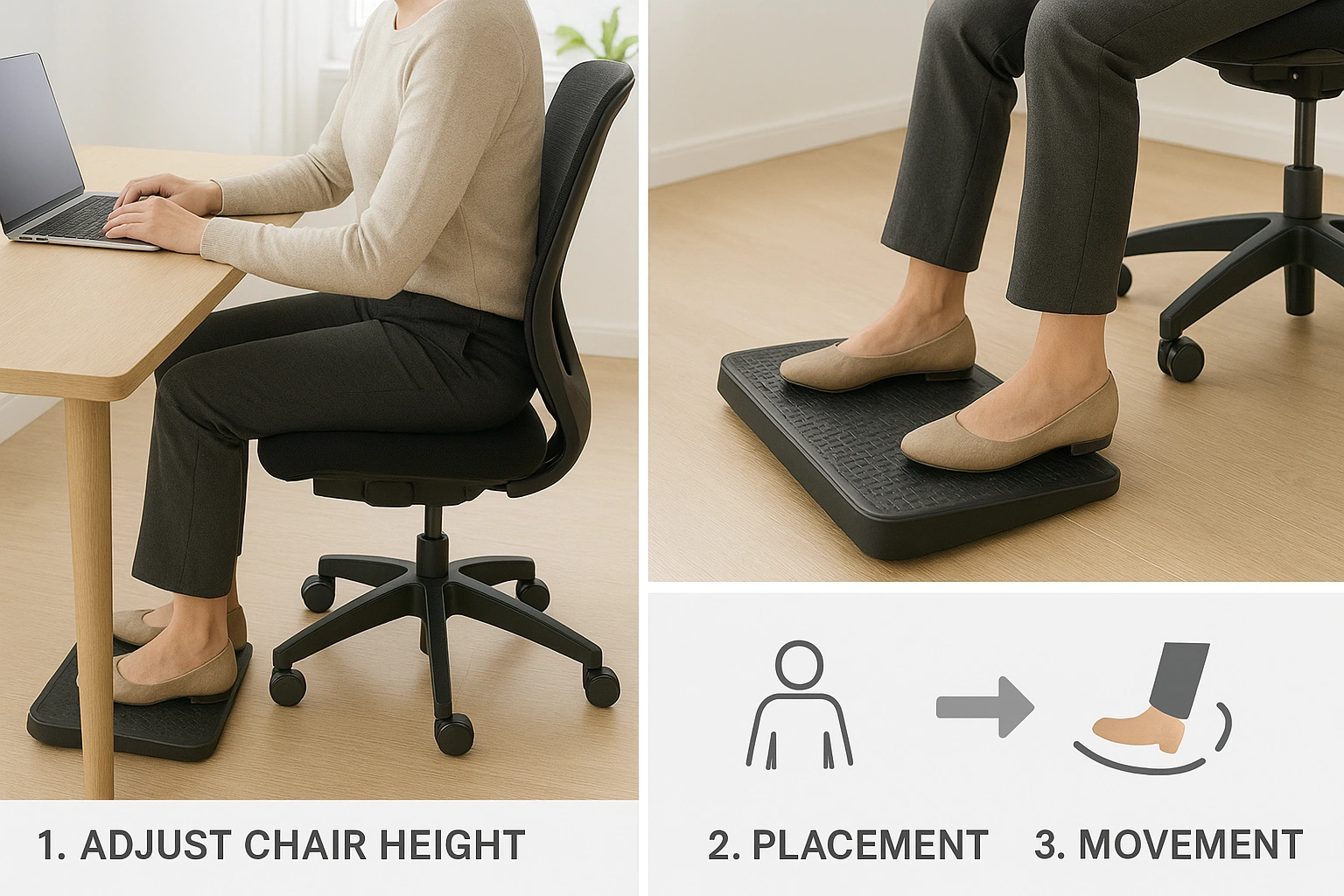 A workflow diagram illustrating the step-by-step process of setting up an office footrest for ergonomic comfort, showing chair adjustment, correct footrest positioning, and gentle movement for better posture.
