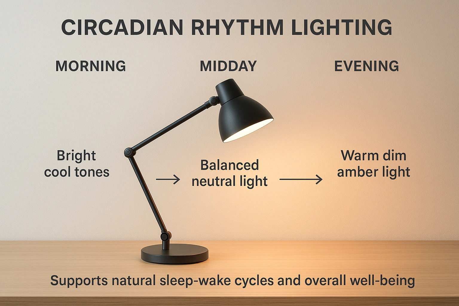 A workflow diagram showing how a circadian rhythm lamp adjusts its light across the day, shifting from bright cool tones in the morning to warm dim light in the evening to support natural sleep-wake cycles.