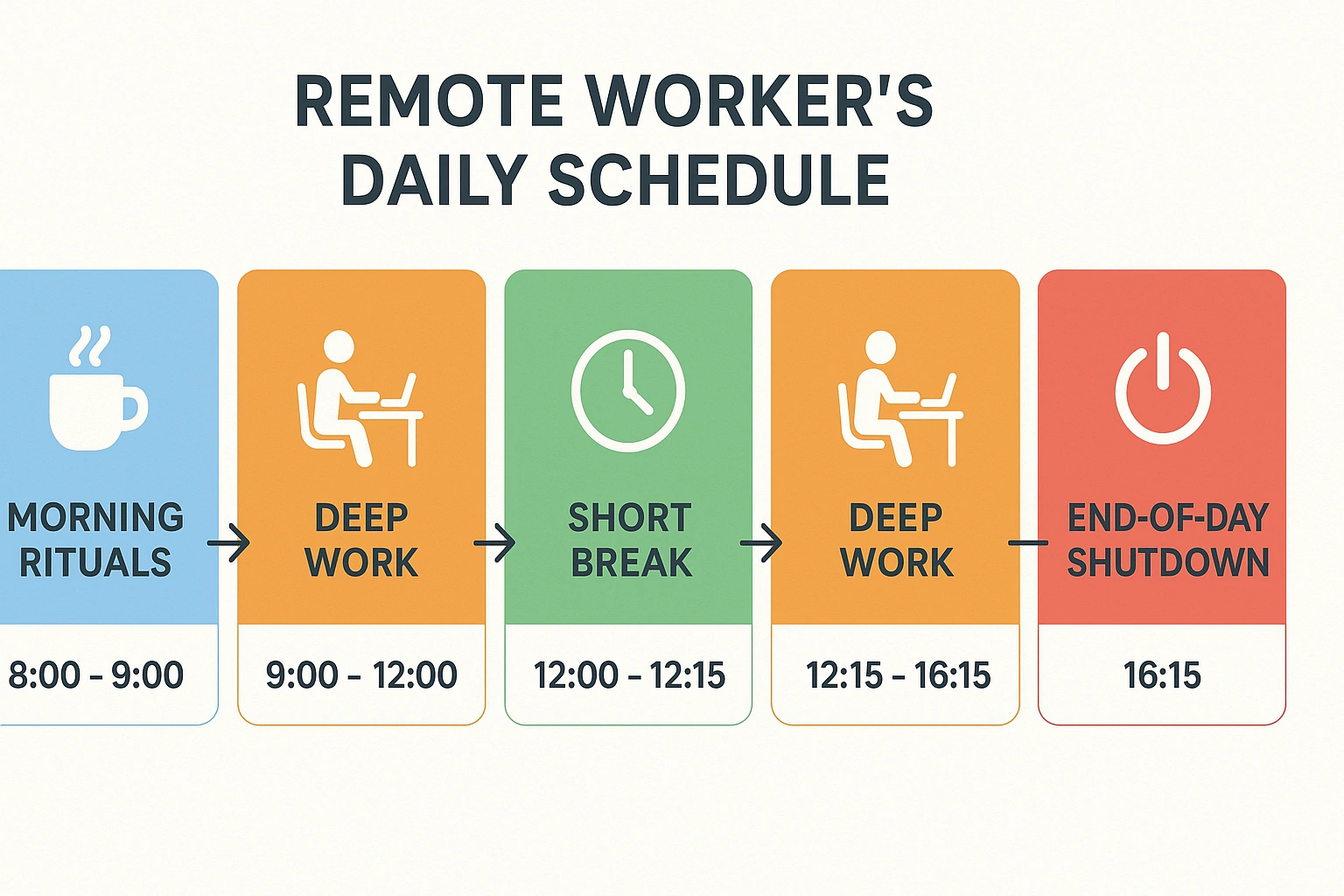 A workflow diagram showing a remote worker's daily schedule, including morning rituals, focused work blocks, breaks, and end-of-day shutdown for balanced productivity