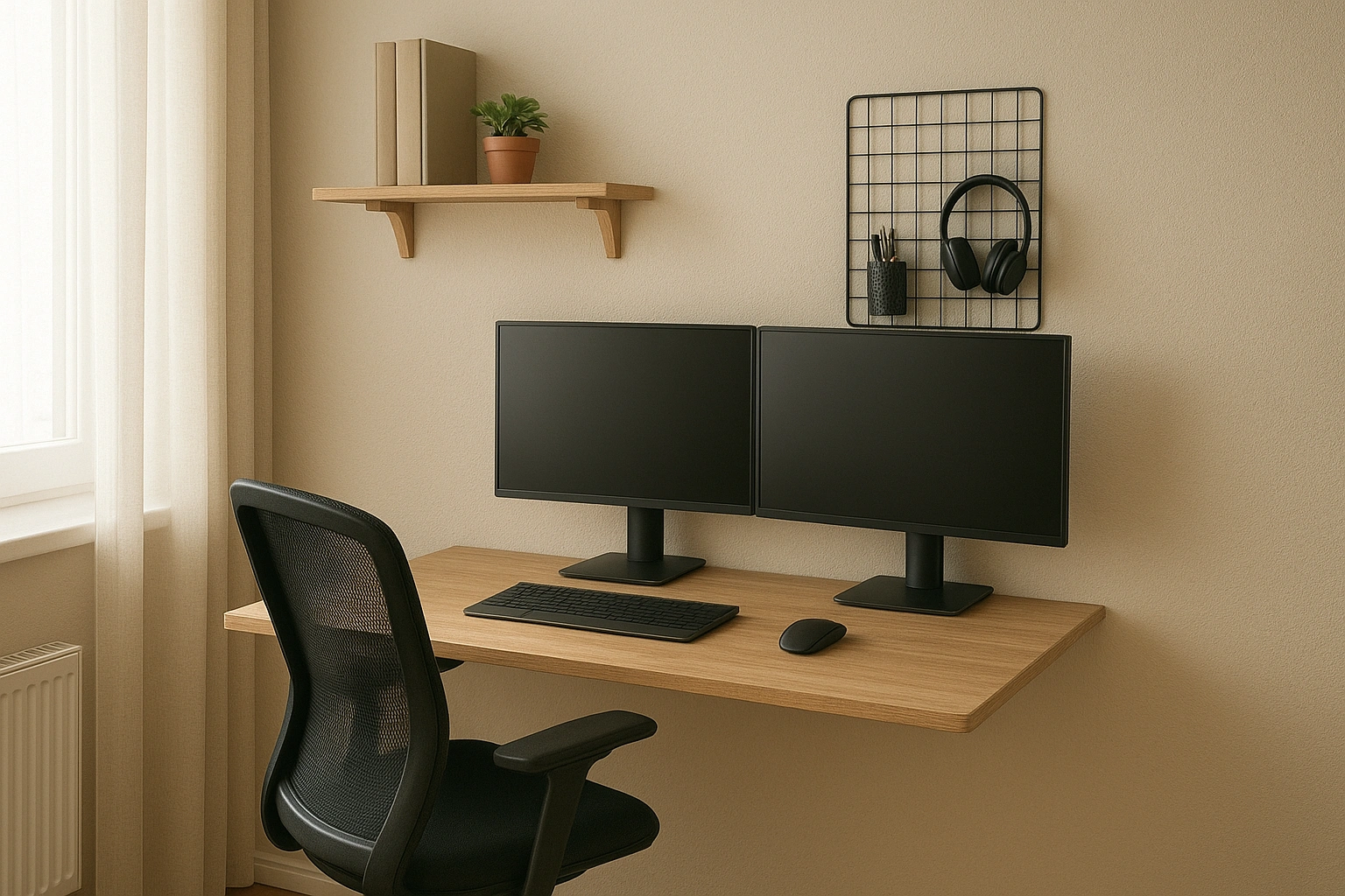 Stylish and compact tiny home office setup in a small apartment corner, featuring a floating desk, ergonomic chair, laptop, wall-mounted shelves, pegboard with office supplies, indoor plant, and soft natural l