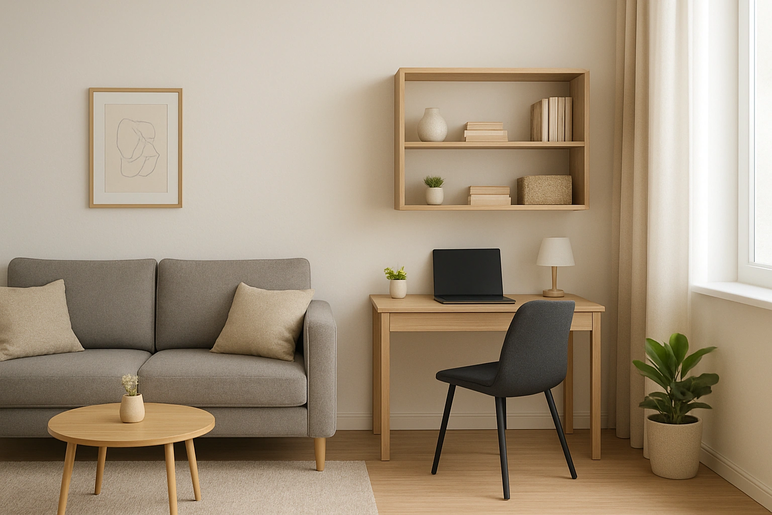 A living room showcasing a cleverly integrated home office, featuring a compact desk and stylish storage solutions that blend seamlessly with the room’s modern aesthetic, captured in realistic photo style.