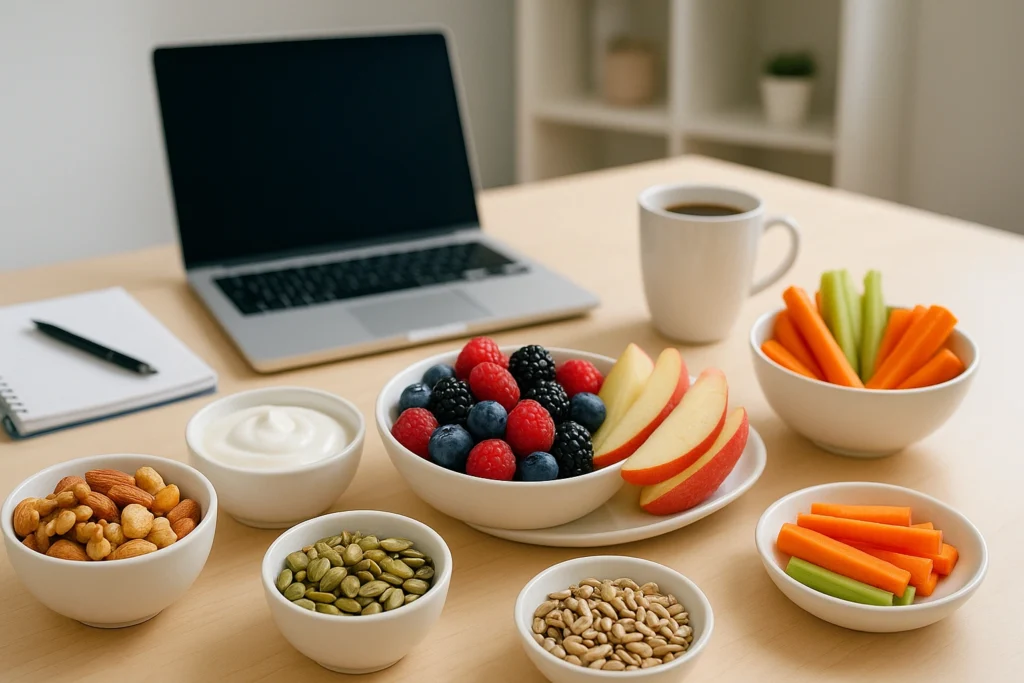 A colorful desktop spread showing healthy snacks for remote workers, including bowls of nuts, fresh fruits, yogurt, and cut vegetables, arranged neatly to promote energy, focus, and productivity during work-fr