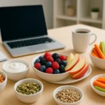 A colorful desktop spread showing healthy snacks for remote workers, including bowls of nuts, fresh fruits, yogurt, and cut vegetables, arranged neatly to promote energy, focus, and productivity during work-fr