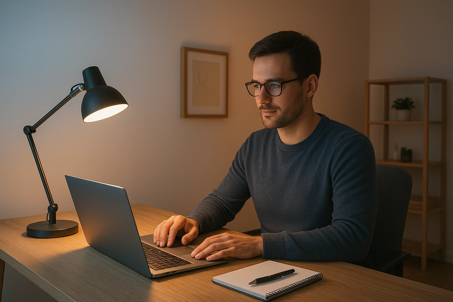 Thumbnail image of a modern home office with smart lighting, showing an adjustable desk lamp and circadian rhythm lamp that shifts from bright cool light to warm evening tones. A remote worker sits at a laptop