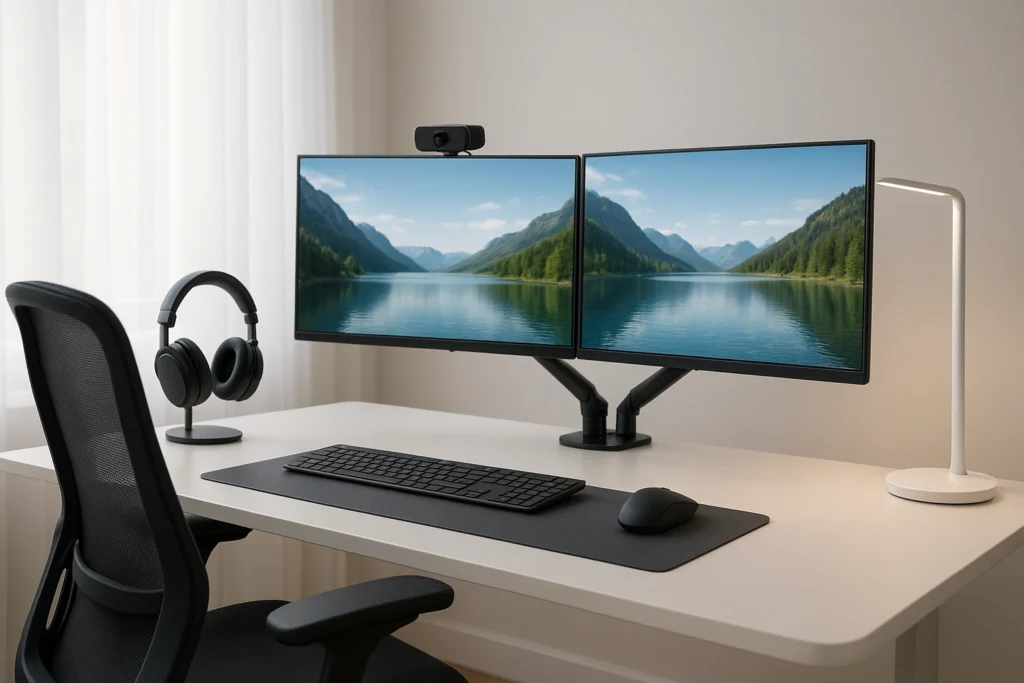 Modern home office in 2025 featuring essential remote work gadgets including an ergonomic desk, high-definition webcam, noise-canceling headphones, smart lighting, and dual monitors, representing productivity