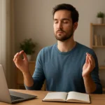 Remote worker practicing mindfulness at their desk, with closed eyes, taking a deep breath, laptop nearby, calm home office environment, symbolizing stress relief, focus, and mental clarity for remote work.