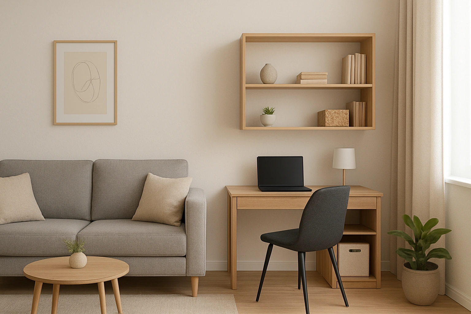 Modern living room transformed into a stylish, integrated home office, featuring a compact desk, ergonomic chair, smart storage solutions, and subtle decorative elements, blending work and relaxation seamlessl