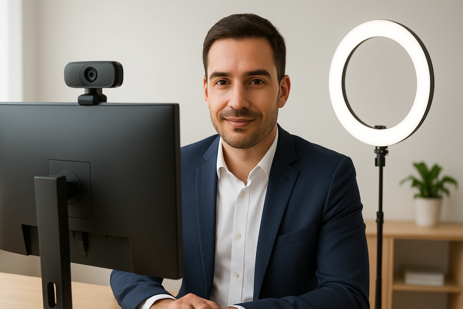 A professional remote worker in a modern home office, confidently presenting on a video call using an HD webcam and ring light, with a clean and minimal background that highlights a polished remote work setup.