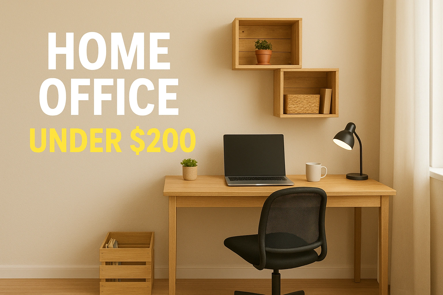 Illustration of a small, budget-friendly home office setup under $200, featuring a compact desk with a laptop, a comfortable chair, DIY shelving using crates, task lighting, and organized storage, representing